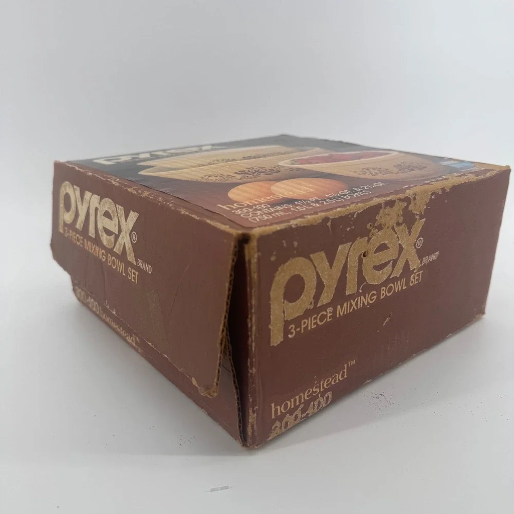 Vintage Pyrex Homestead Milk Glass 3 Piece Mixing Bowl Set in Box Brown Floral